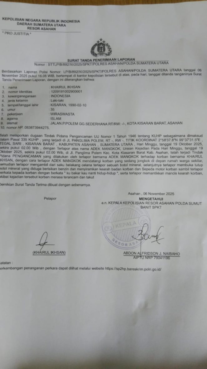 
					Laporan Korban Pengancaman Pembunuhan Stagnan di Polres Asahan,Kinerja Polisi Dipertanyakan